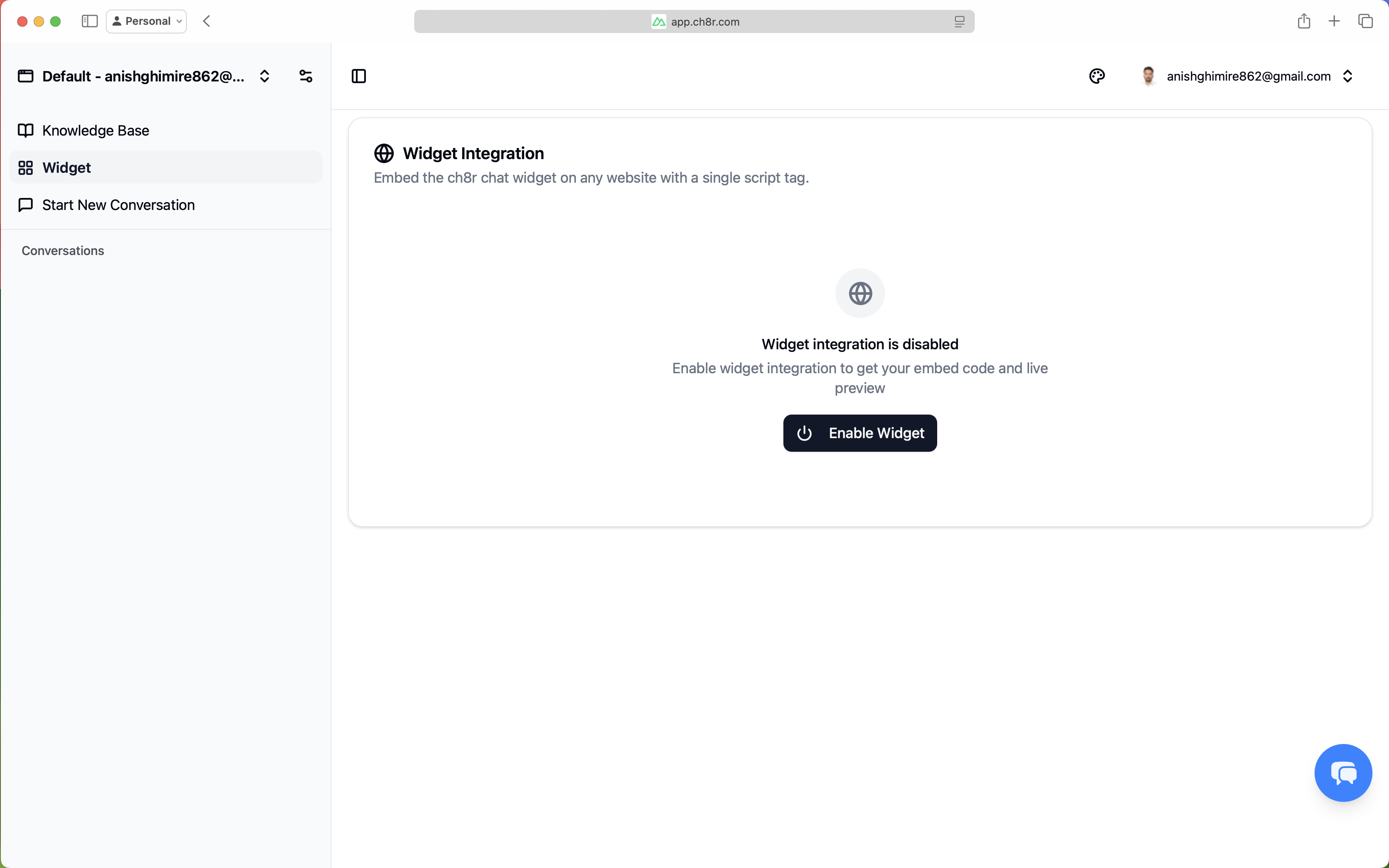 ch8r onboarding - enable widget