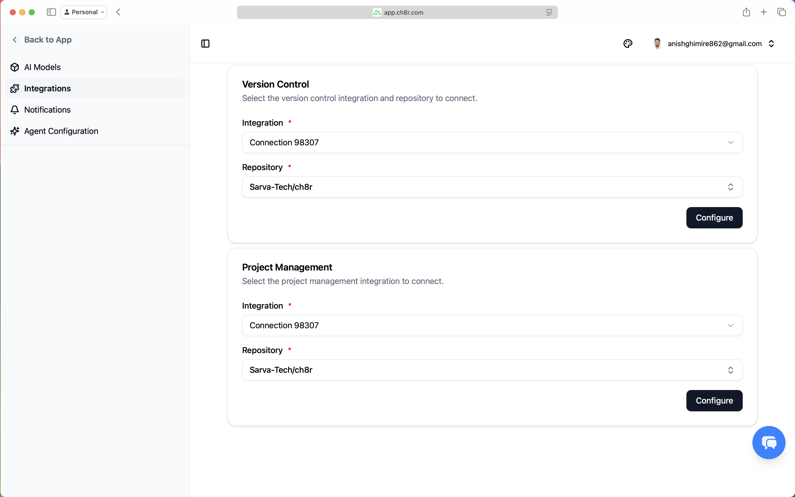 ch8r onboarding - app integration configuration